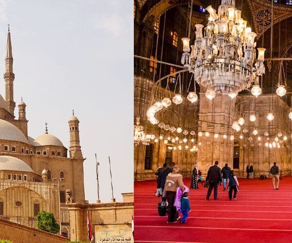 Vista interior y exterior de la Mezquita de Muhammad Ali en El Cairo, Egipto.