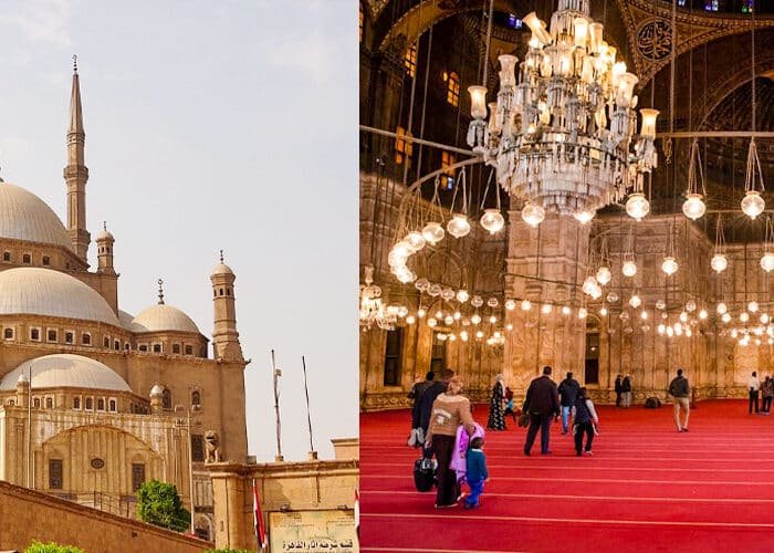 Vista interior y exterior de la Mezquita de Muhammad Ali en El Cairo, Egipto.