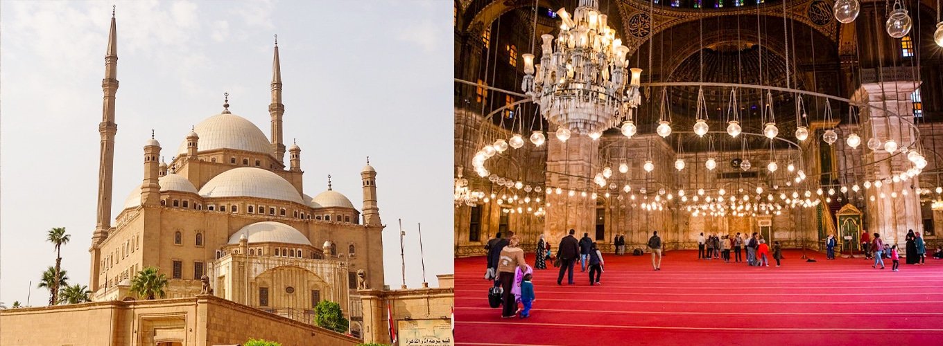 una-foto-de-la-mezquita-de-muhammad-ali-desde-adentro-y-afuera-en-el-cairo Vista interior y exterior de la Mezquita de Muhammad Ali en El Cairo, Egipto.