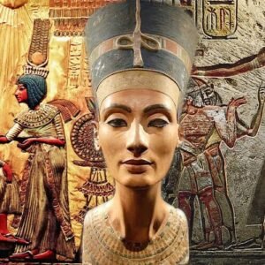 Collage de reyes y reinas del antiguo Egipto con atuendos y símbolos de poder.