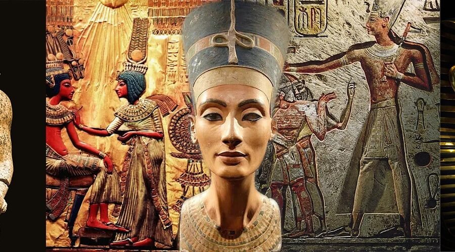 Collage de reyes y reinas del antiguo Egipto con atuendos y símbolos de poder.