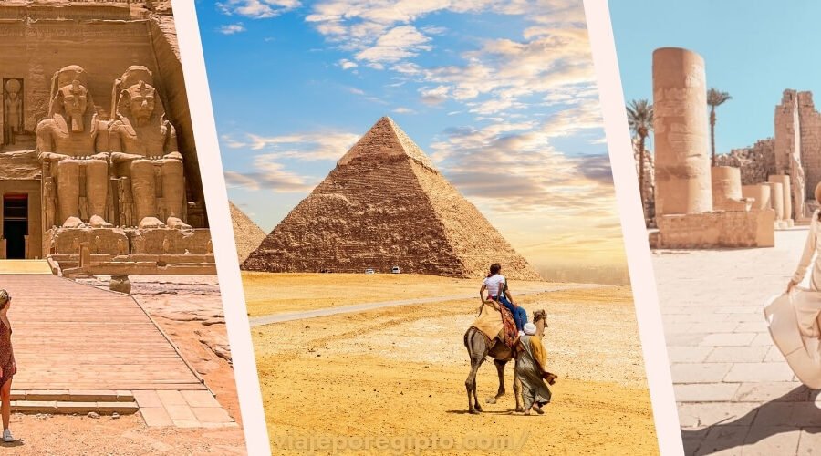 Turistas en Egipto explorando yacimientos arqueológicos y aprendiendo sobre su historia.