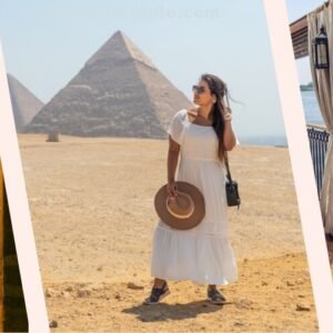 Turistas extranjeros explorando las pirámides y templos antiguos de Egipto.