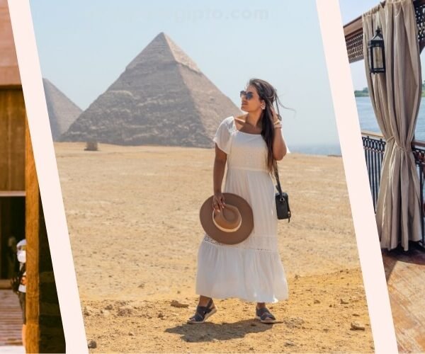 Turistas extranjeros explorando las pirámides y templos antiguos de Egipto.