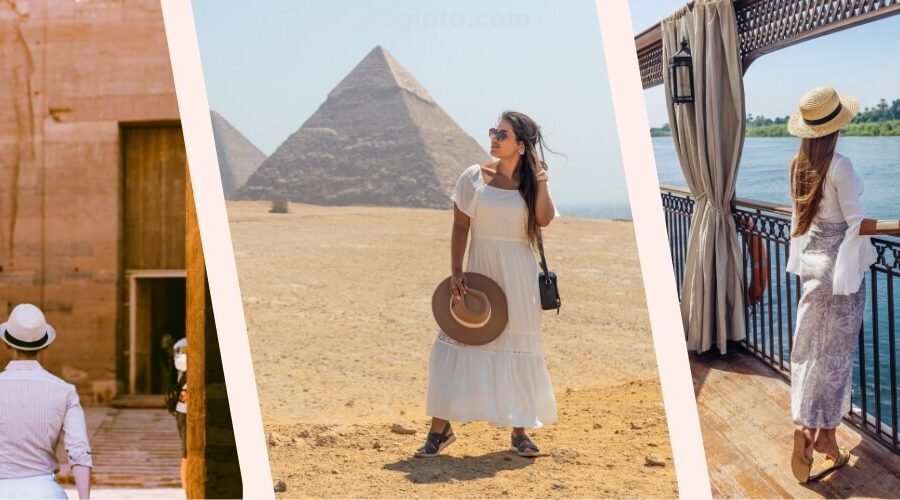 Turistas extranjeros explorando las pirámides y templos antiguos de Egipto.