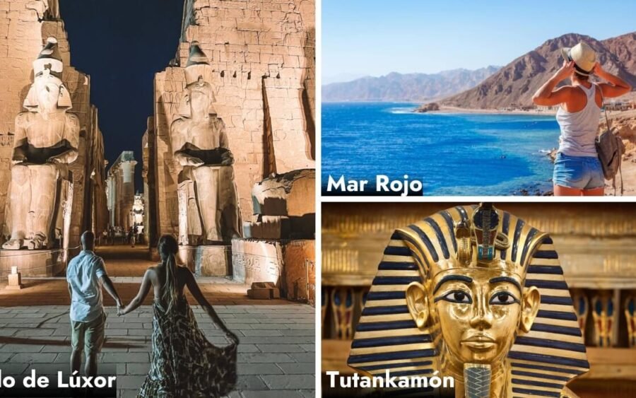 Máscara dorada de Tutankamón con el templo de Luxor y el Mar Rojo al fondo.